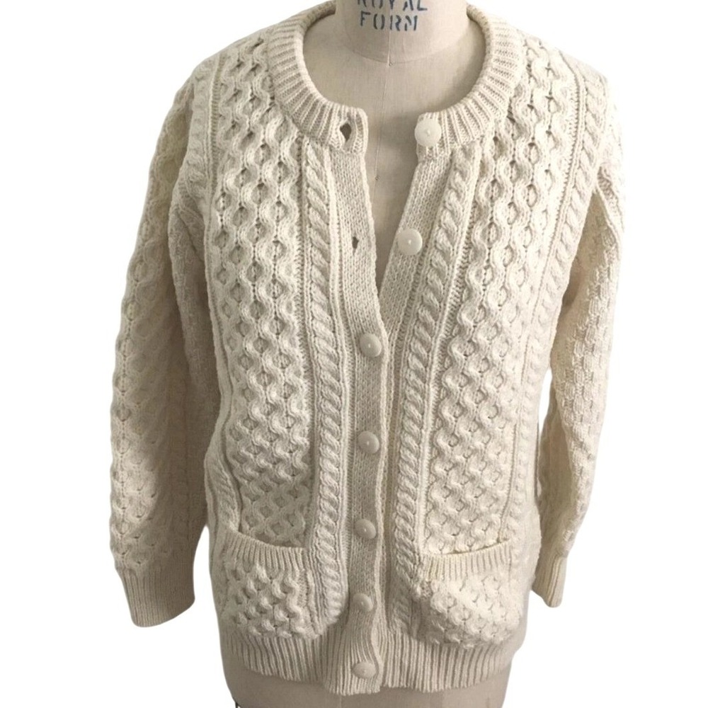 Aran Crafts Merino Wool Irish Fisherman Sweater Cardigan Women Small Cable Knit - Picture 9 of 9
